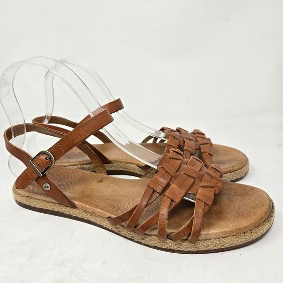 UGG Australia Women Larisa Flat Sandals Ankle Strap Buckle Leather Brown 7.5M - Picture 1 of 15